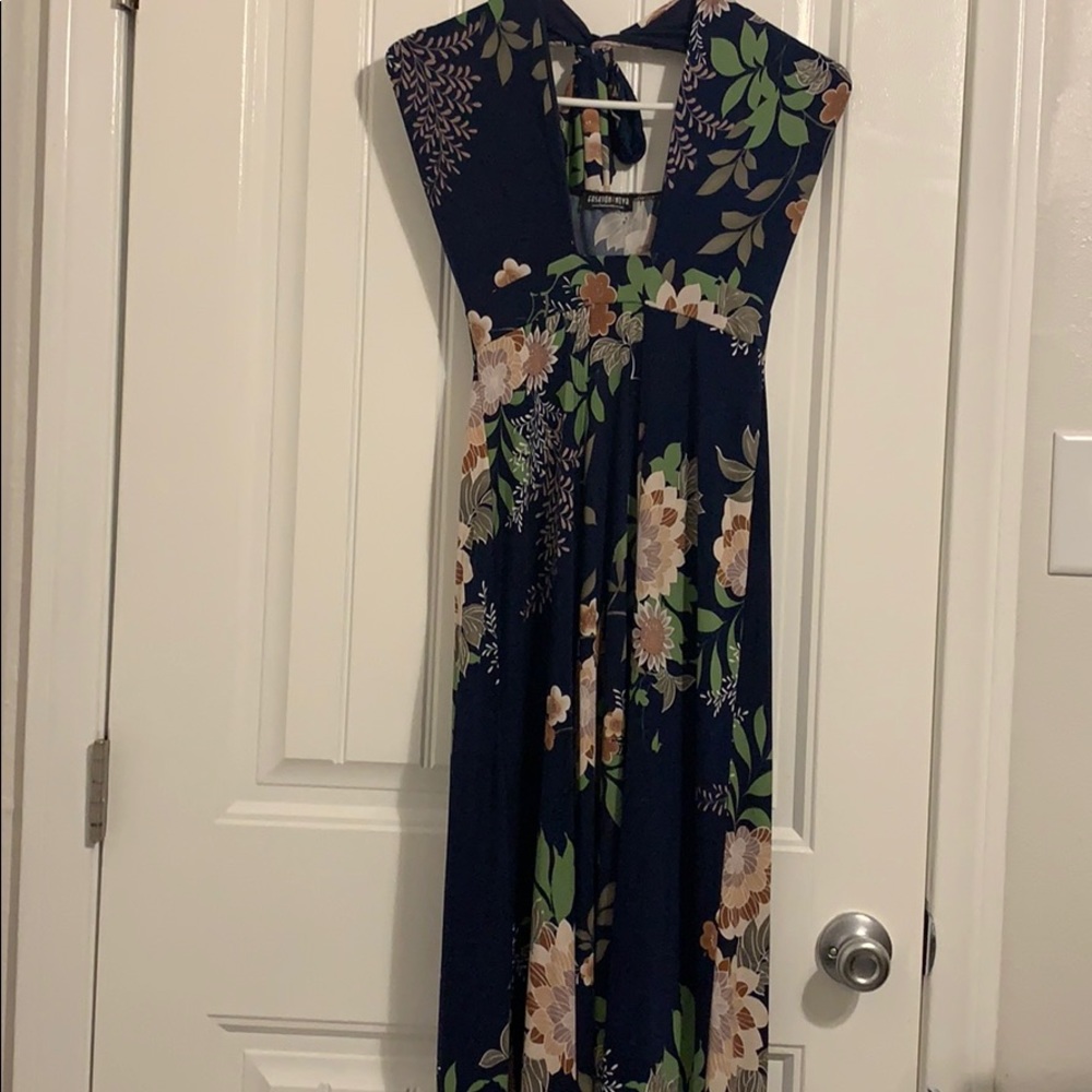 Dark blue floral halter maxi dress.